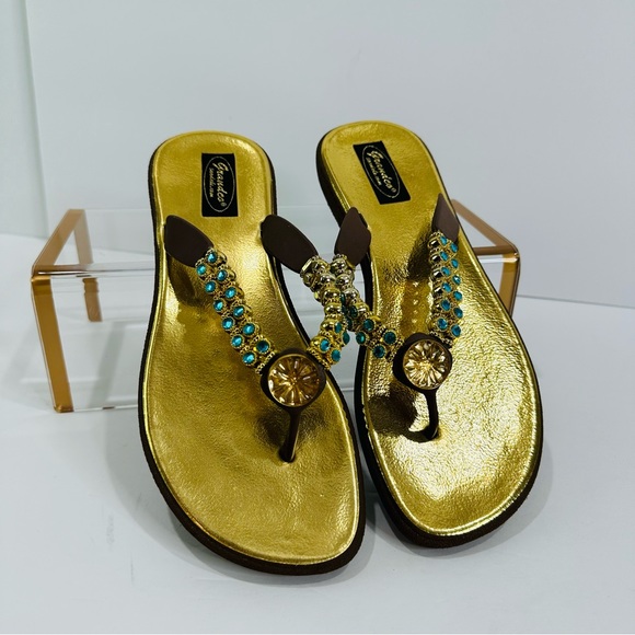 GRANDCO SANDALS GOLD BEJEWELED AQUA AND GOLD BLING WOMENS SIZE 9 GREAT COND - Picture 5 of 8